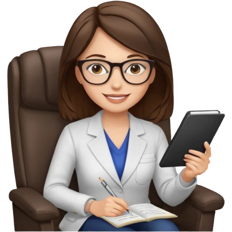 female therapist, brunette, brown eyes, light skin, sitting in a chair with notes, wearing glasses emoji