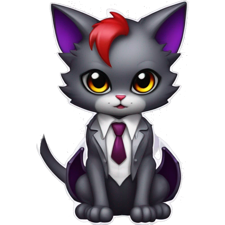 Anthro-Cute-Edgy-Vampiric-Batty-Cat-Black-Purple-Red-Grey-White-Yellow-Contrast-Colors-Fantasy-Fur-Sona-Chibi-Shiny-Fakémon-Hybrid with horns and big fangs, neck tie, leg spats full body emoji