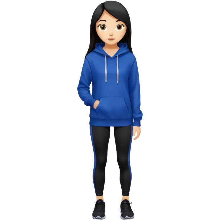 A pretty white/asian tanned girl with medium long strait dark brown almost black hair wearing a royal blue hoodie and black leggings  emoji