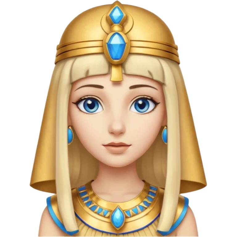 Cleopatra vestita da faraone con il cappello da faraone ma con gli occhi azzurri e i capelli lunghi biondi non troppo chiari con il cappello da faraone dorato senza frangia  emoji