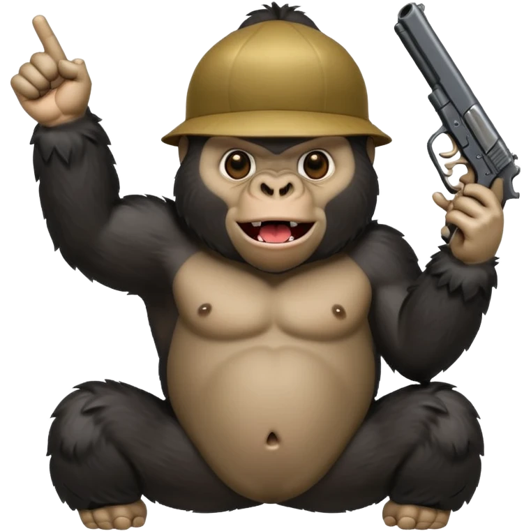 A gorilla holding a gun in the air making a silly face emoji