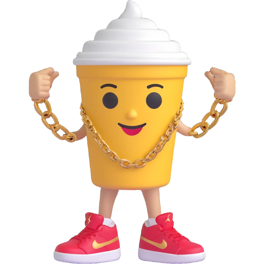 3D cartoon character of a Styrofoam cup of lean (purple drank), with a friendly face, arms, a gold chain, and Jordan sneakers, simple style emoji