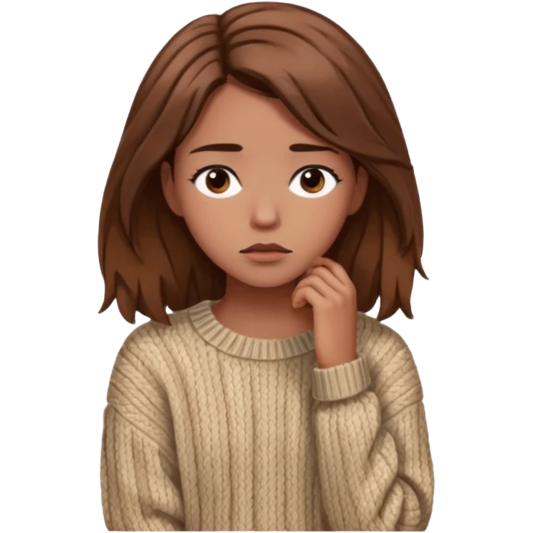 Cewe Overthinker Sweater oversized, rambut agak berantakan natural tatapan kosong mikir. emoji