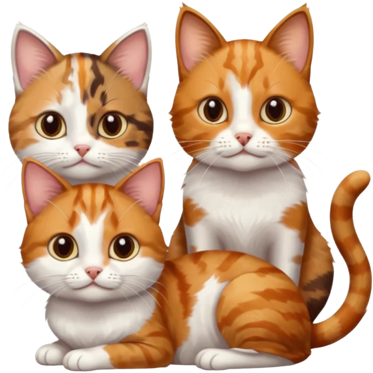 3 small cats each are different colours including a brown tabby and white, a patchy calico, and a ginger and white emoji
