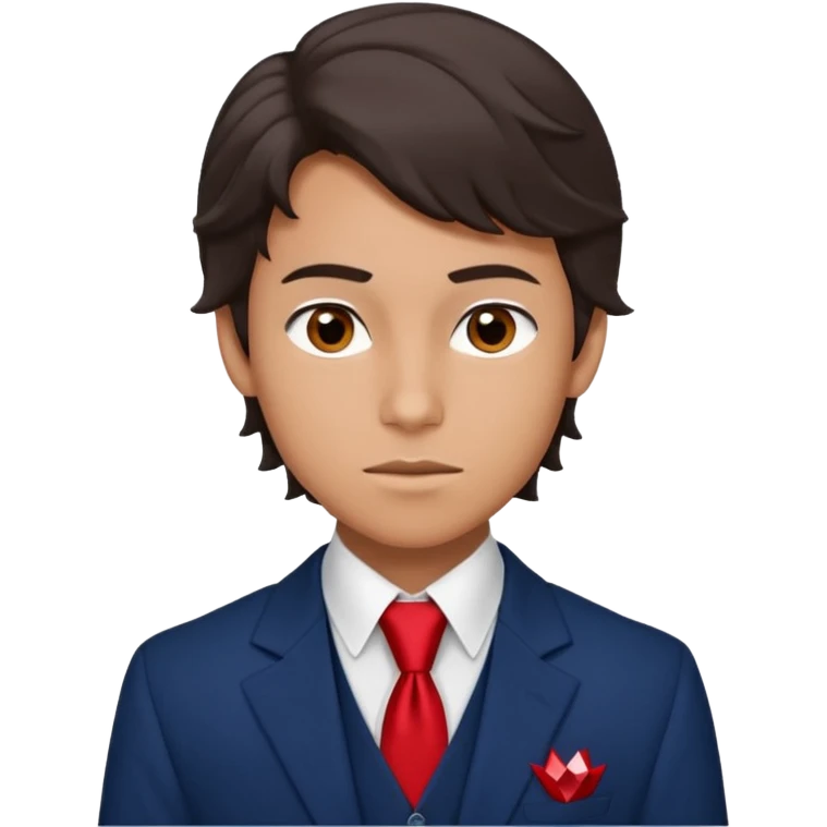 Number Five from "The Umbrella Academy": portrait of slim 16 yo teen (face, neck, shoulders, chest) in sarcastic pose, oval face with high cheekbones, gray eyes, dark brown wavy side-swept hair. Uniform: dark blue blazer with red trim, white shirt, black tie, diamond vest. emoji