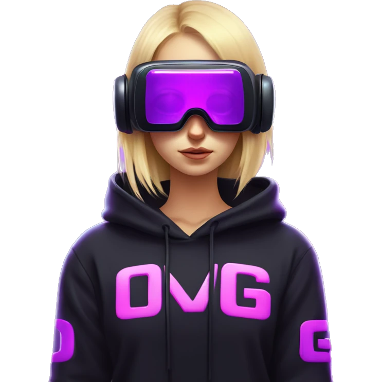 Russian cute blond student girl wearing black hoody with violet letters "OMG", in vr headset. No eyes. Cyberpunk style. Violet neon. emoji