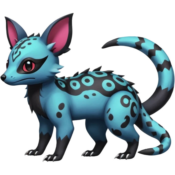 Rare exotic cute epic aesthetic gothic colorful Salandit-Eevee-Civet-species-Fakemon-hybrid-creature, with markings, full body emoji