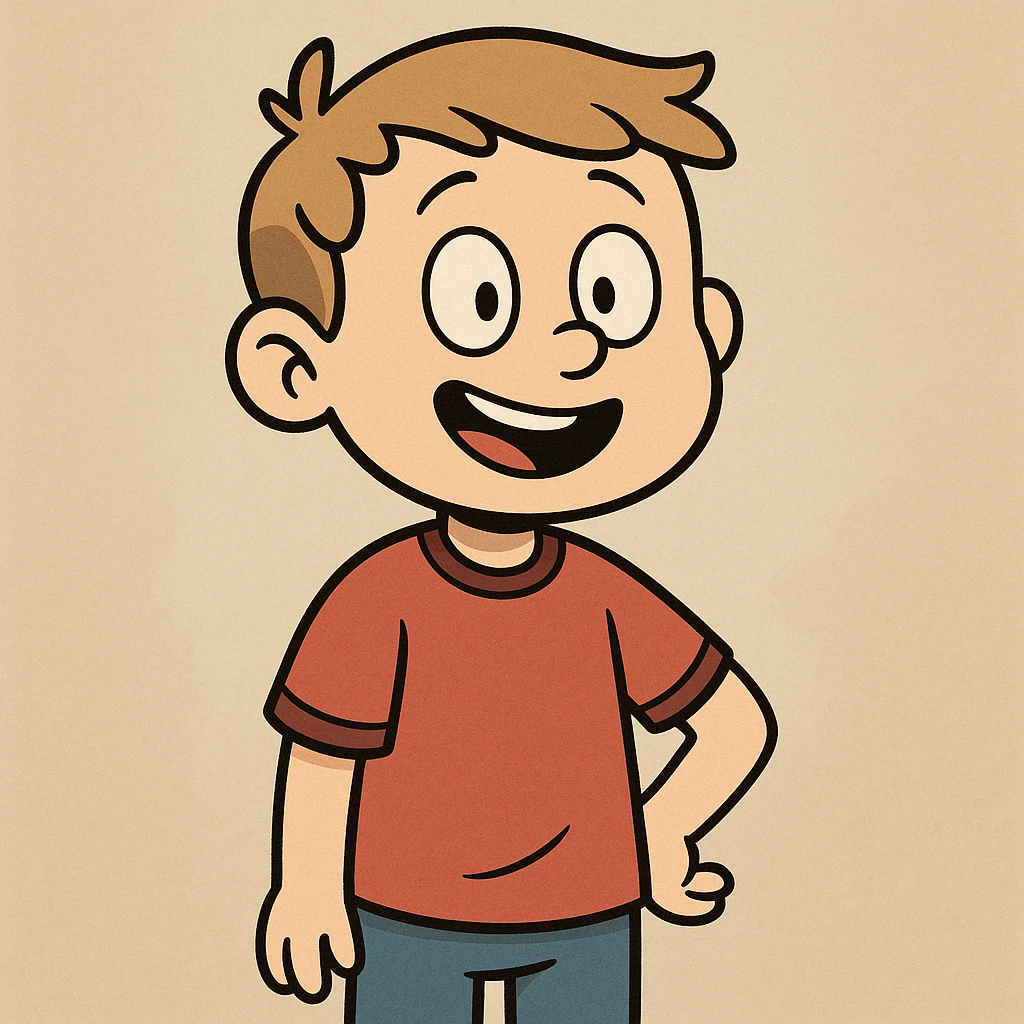 little boy, brownish blonde hair, red shirt, smiling, cartoon style emoji