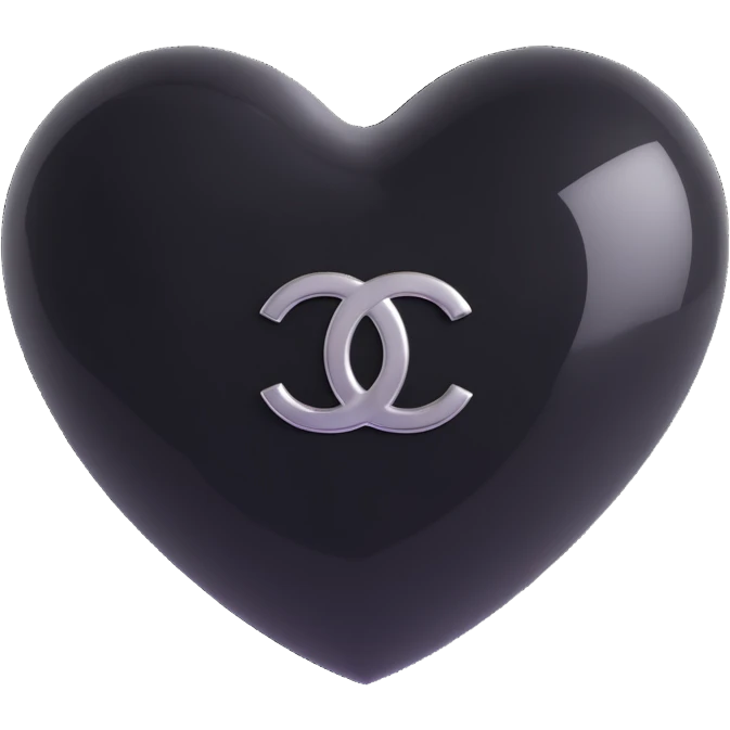 Apply a silver Chanel logo on the heart, keep it elegant, glossy, black and white, 3D emoji style, with no background. emoji
