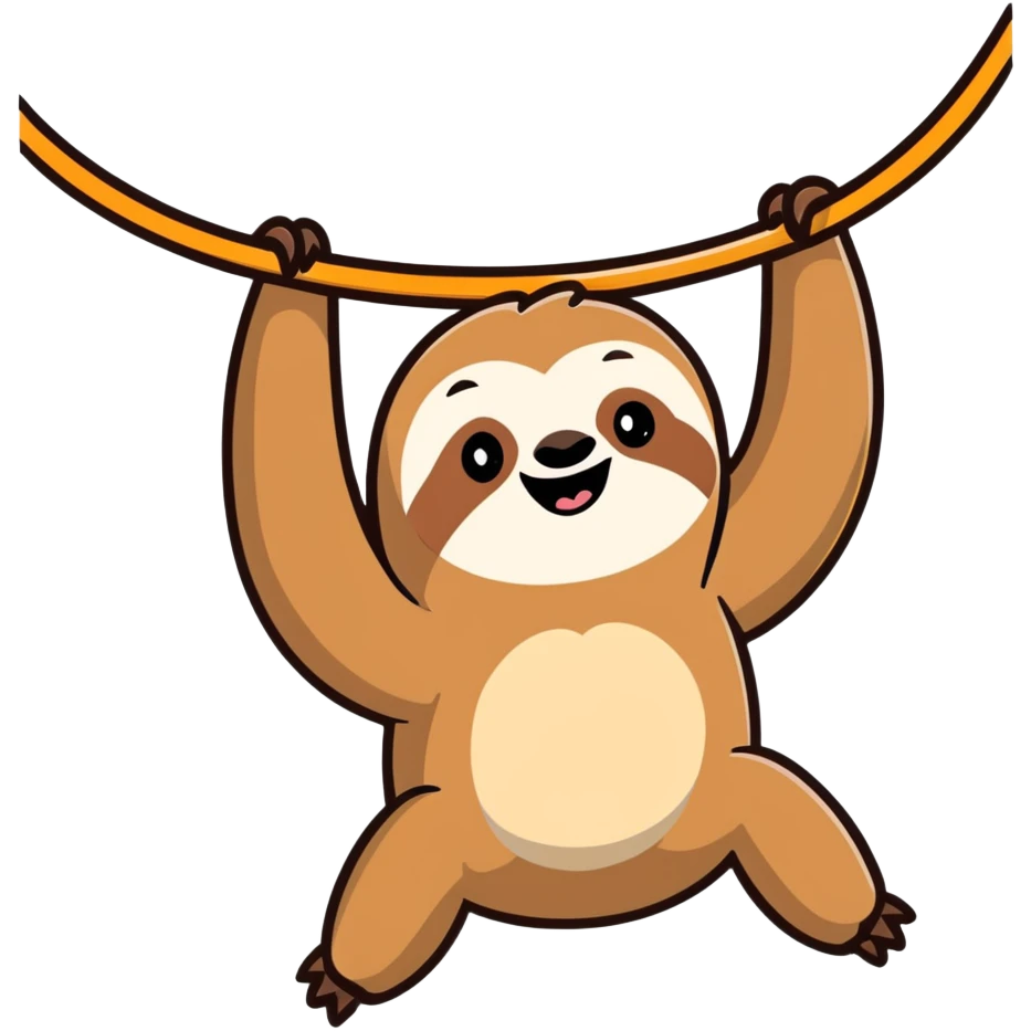 Adorable sloth hanging upside down with goofy smile emoji