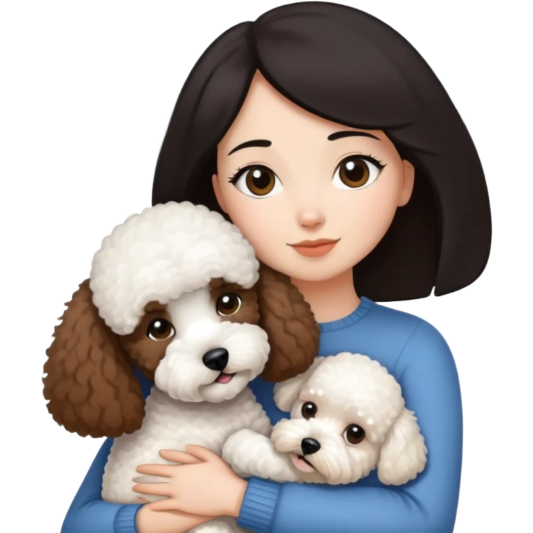 Woman with short black straight hair hugging a brown poodle and a white bichon frise emoji