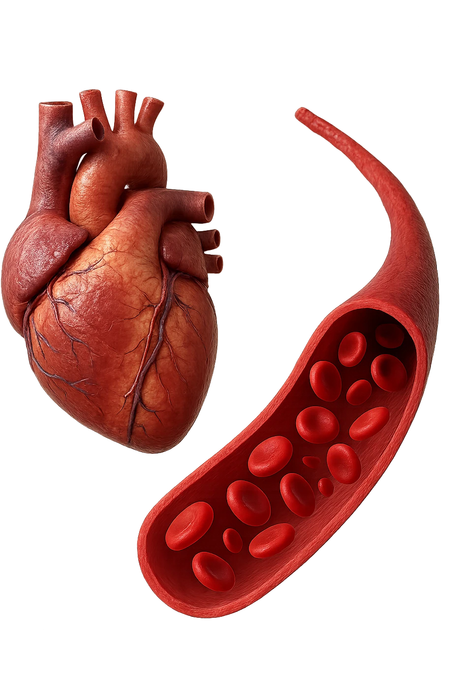 cuore anatomico umano fluttuano in aria insieme ad una vena umana con globuli rossi , iperrealistiche 4k emoji