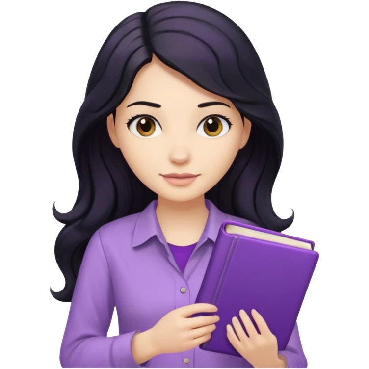 Long Hair Women with purple Book, Black wavy hair, beige shirt emoji