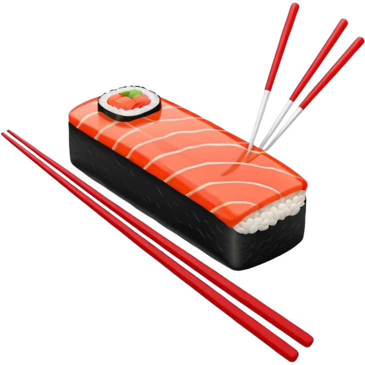 Japanese cuisine humanless avatar in minimalist emoji-style illustration. Sushi, roll and 2 chopsticks, clean lines, red white colors, flat design, calm and modern. emoji