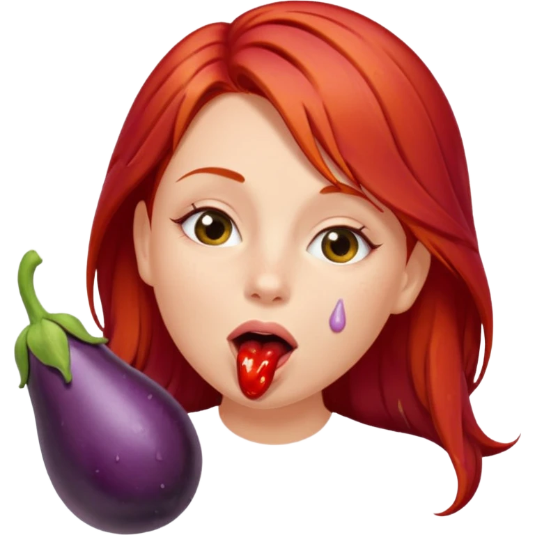 Girl with red hair licks with Lust on one long wet dripping eggplant emoji