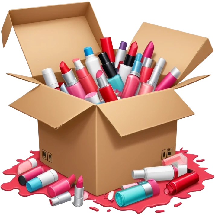 cardboard box bursting open with lipsticks, shampoo, and nail polish scattered everywhere, symbolizing disorganization emoji