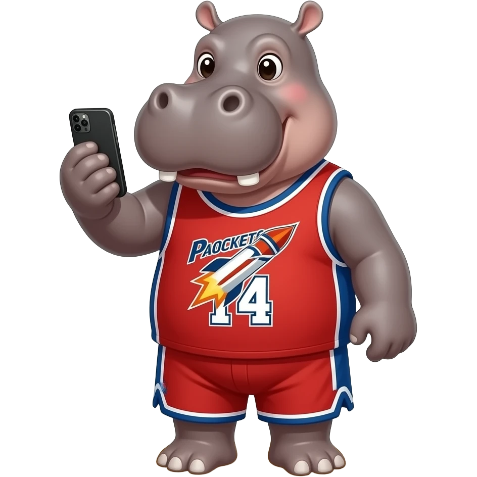 hippopotamus wearing basketball rockets jersey playing cellphone in beach emoji