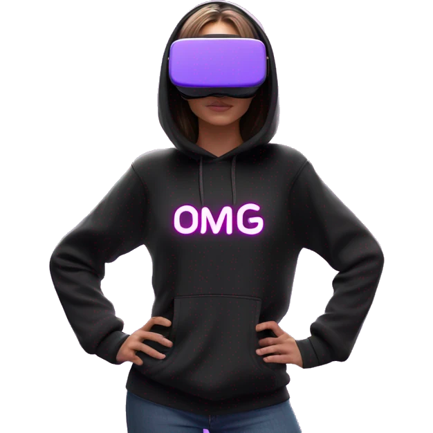 Russian girl wearing black hoody with violet letters "OMG", in vr headset oculus quest2. Standing like jedi. Cyberpunk style. Violet neon. emoji