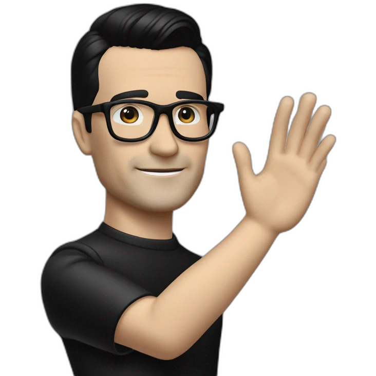 small photo realistic right arm waving Ralf Hutter from Kraftwerk, short straight black hair, Dark Brown eyes, black glasses, thin, black shirt, left side view emoji