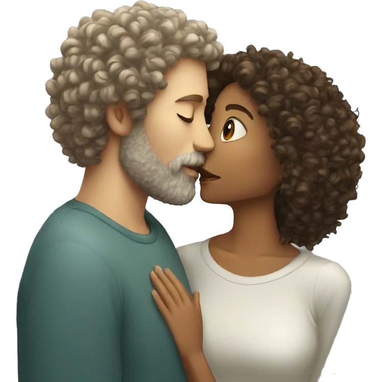 Curly haired woman kissing white man with beard emoji