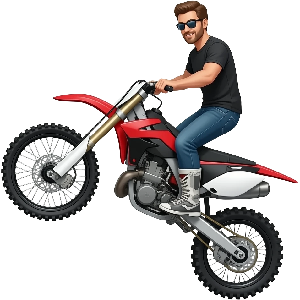 Man doing wheelie on red black & white offroad motorcycle no centre stand emoji