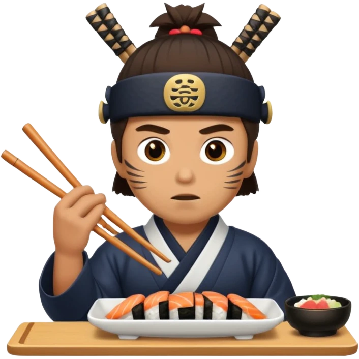 Man with wide eyes eating sushi in a samurai outfit emoji