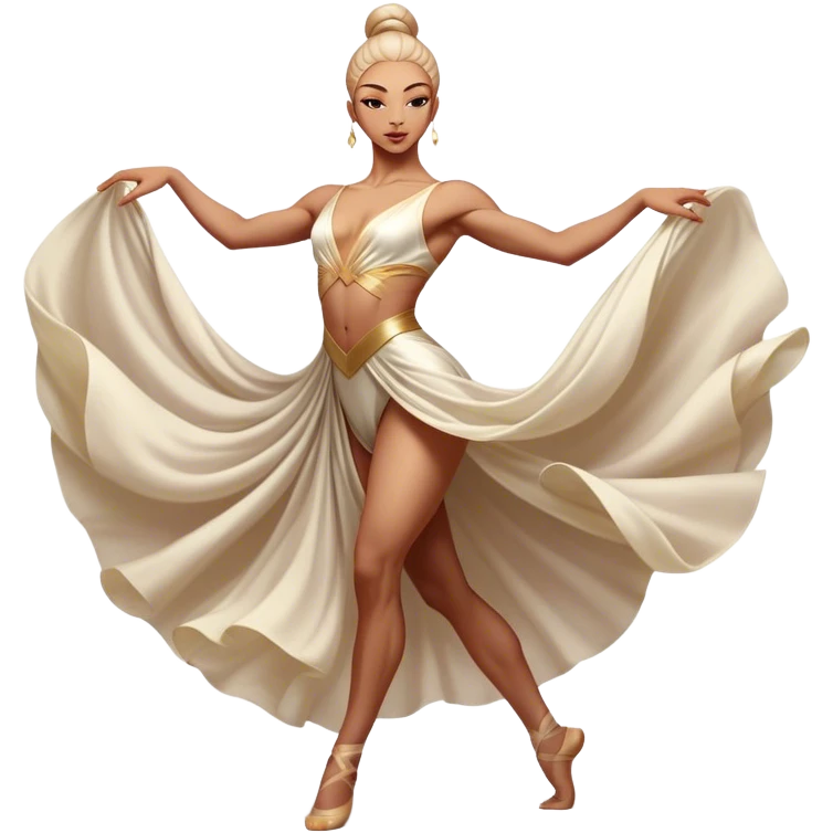 Cinematic Realistic Dance Poses, an elegant dancer mid-motion, muscles tensed with control, soft fabric of their attire flowing with movement, dramatic lighting highlighting the graceful lines, glowing with passion and poise. emoji