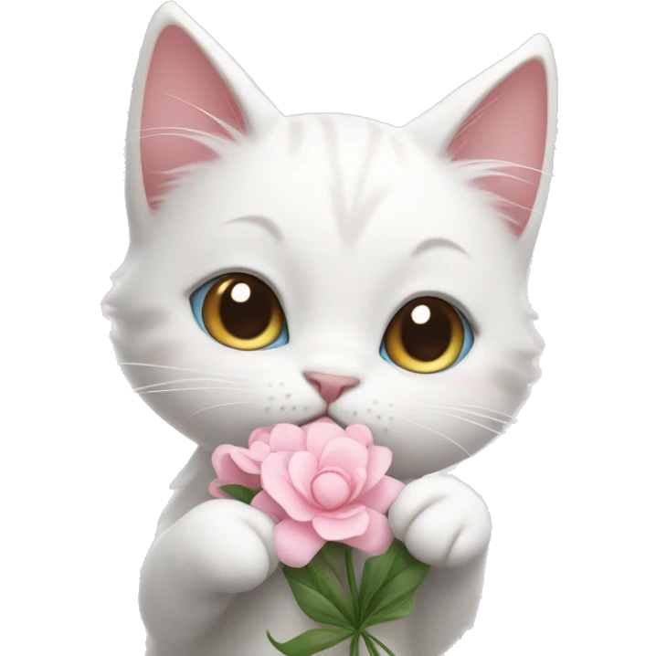 cute white cat holding light pink flowers in her paw emoji
