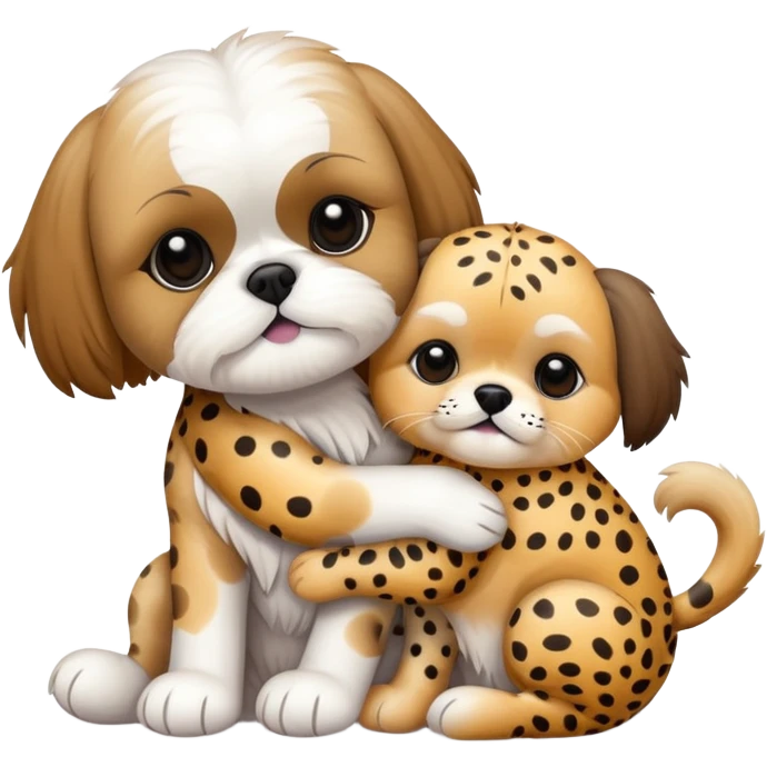 Shih tzu hugging a stuffed animal that is a cheetah emoji