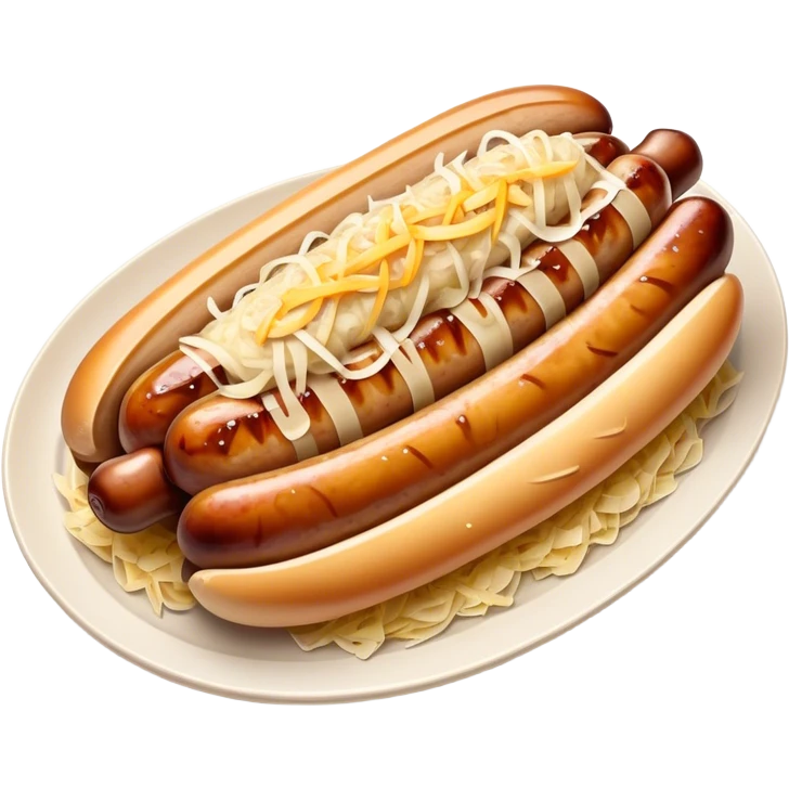 Bratwurst Cinematic Realistic Bratwurst Dish Emoji, depicted as a grilled bratwurst topped with a generous serving of shredded sauerkraut, rendered with rich textures and dynamic, appetizing lighting. emoji