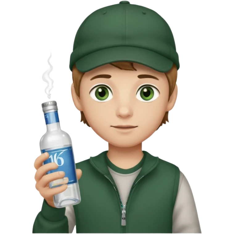 garçon avec yeux vert foncé qui a une puff 16k jnr à l’un main et une bouteille de vodka à la main avec une coupe casquette et les cheveux chatin clair  emoji