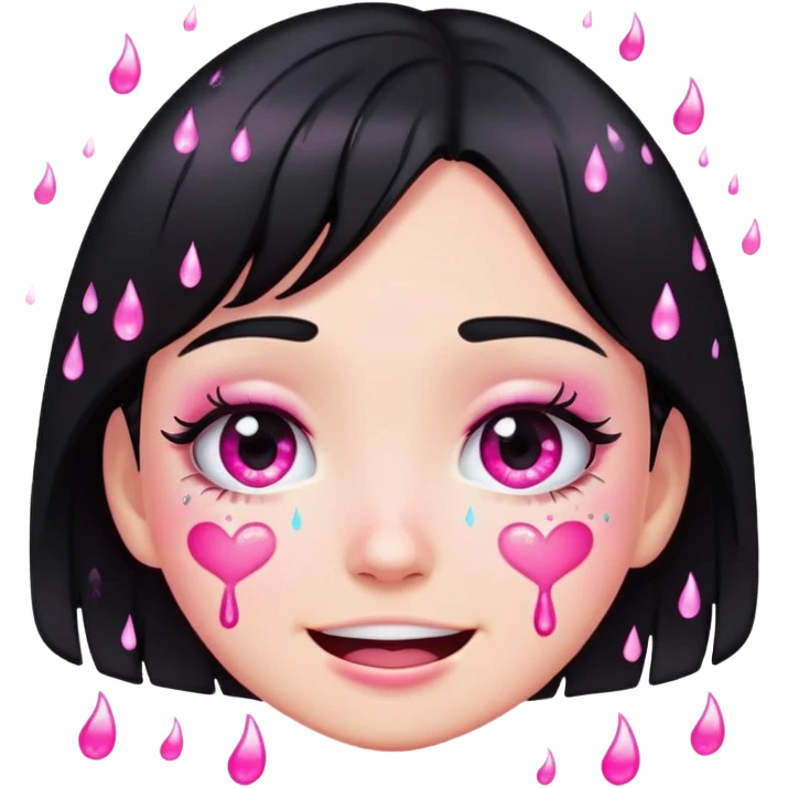 black hair girl crying with pink glitter tears, smiling, emoji style emoji