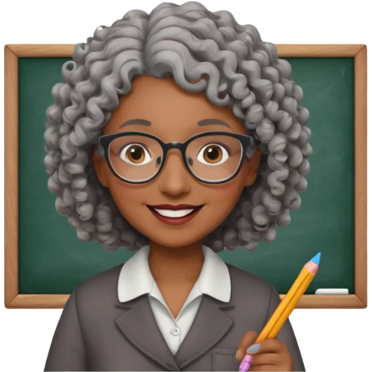 woman teacher, brown skin, curly grey hair, old, wearing glasses, hold chalk on hand emoji