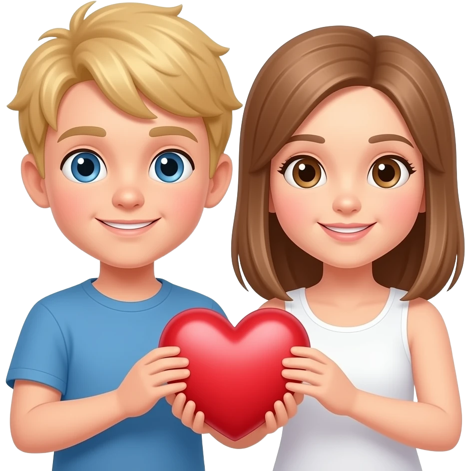 Make a boy with blonde hair and blue eyes and a girl with straight light brown hair with brown eyes hold a heart emoji