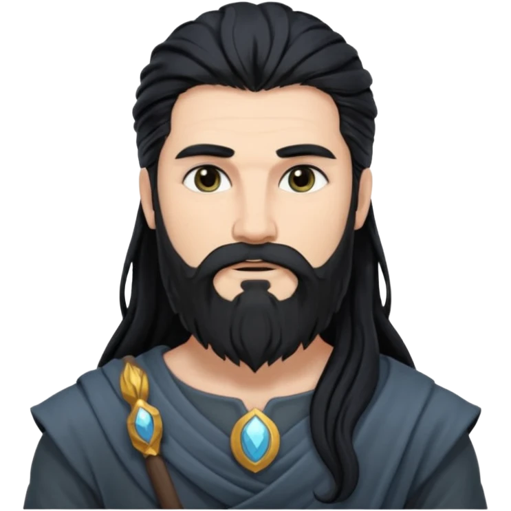 Boreas, North Wind God from Rome Mythology with long jet black hair and beard, dark gray outfit emoji