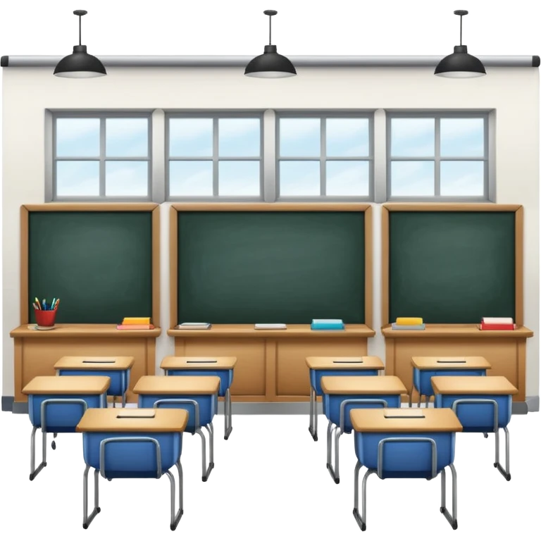 classroom with desks and a big blackboard, with windows emoji