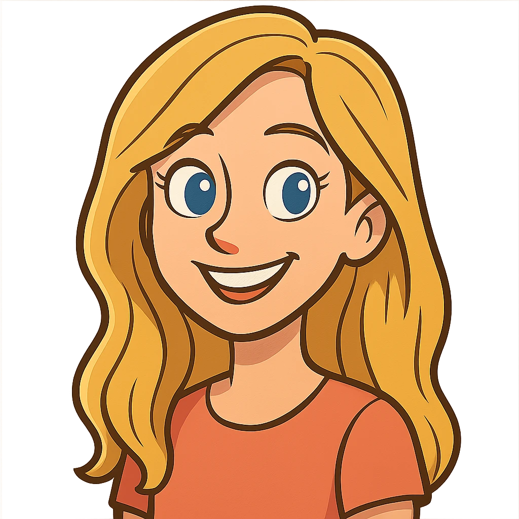 cartoon style portrait of a smiling female with long blonde hair and blue eyes emoji