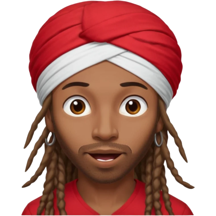 Brownskin man with long brown dreadlocks 
red t-shirt 
white turban 
expression is in love 
his eyes mouth open  emoji