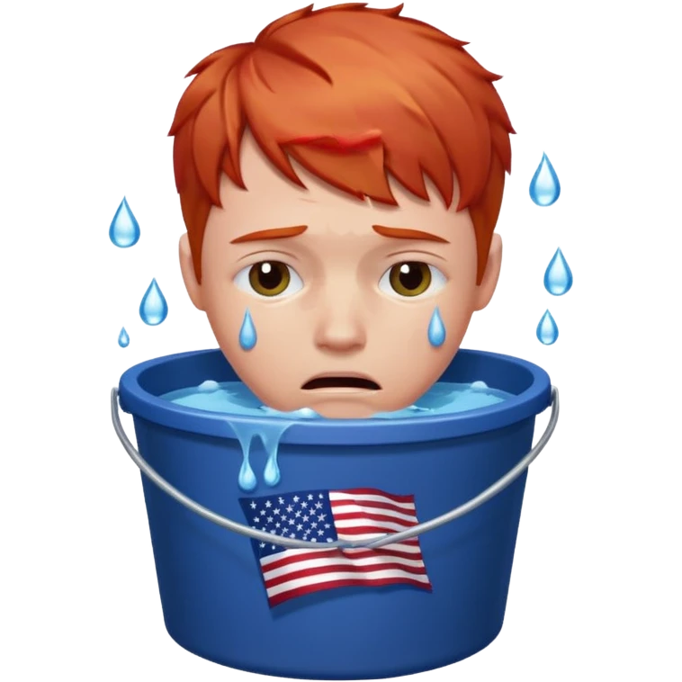 short red haired man crying into bucket with USA flag on it emoji