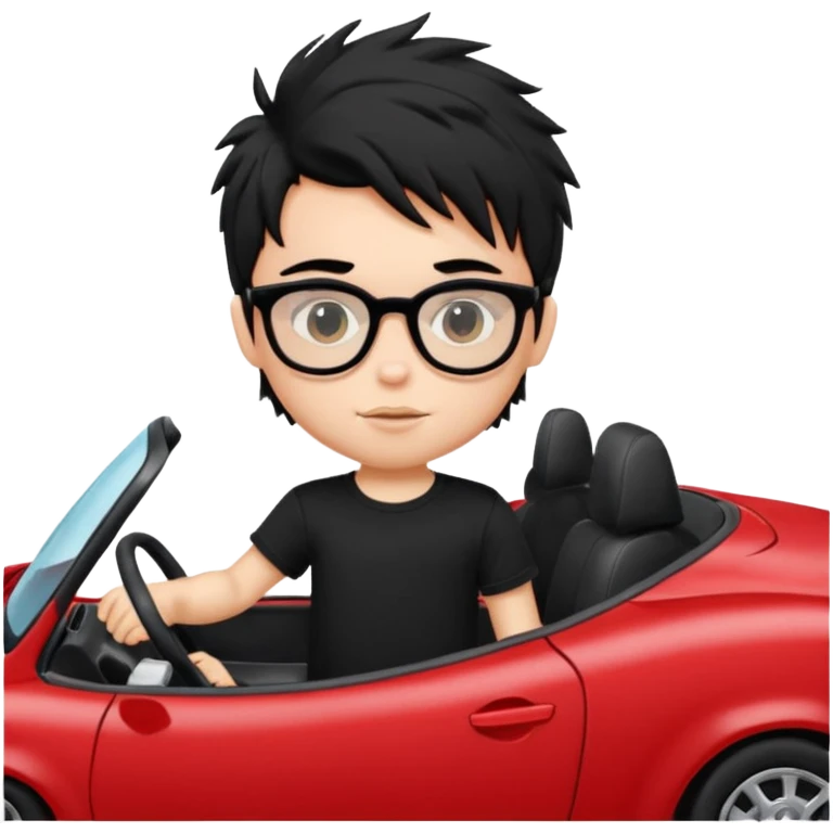 generate a pretty bratz fair skinned boy with black messy hair wearing a black tshirt driving a red car. Glasses on.  emoji