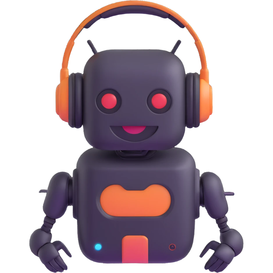 Smiling robot support assistant with headphones in messaging interface emoji