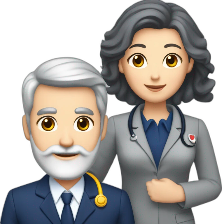 husband classy caucasian 55 dark gray hair trimmed beard wearing navy blue business suit holding bible, with wife asian age 55 dark hair nurse uniform, no children emoji