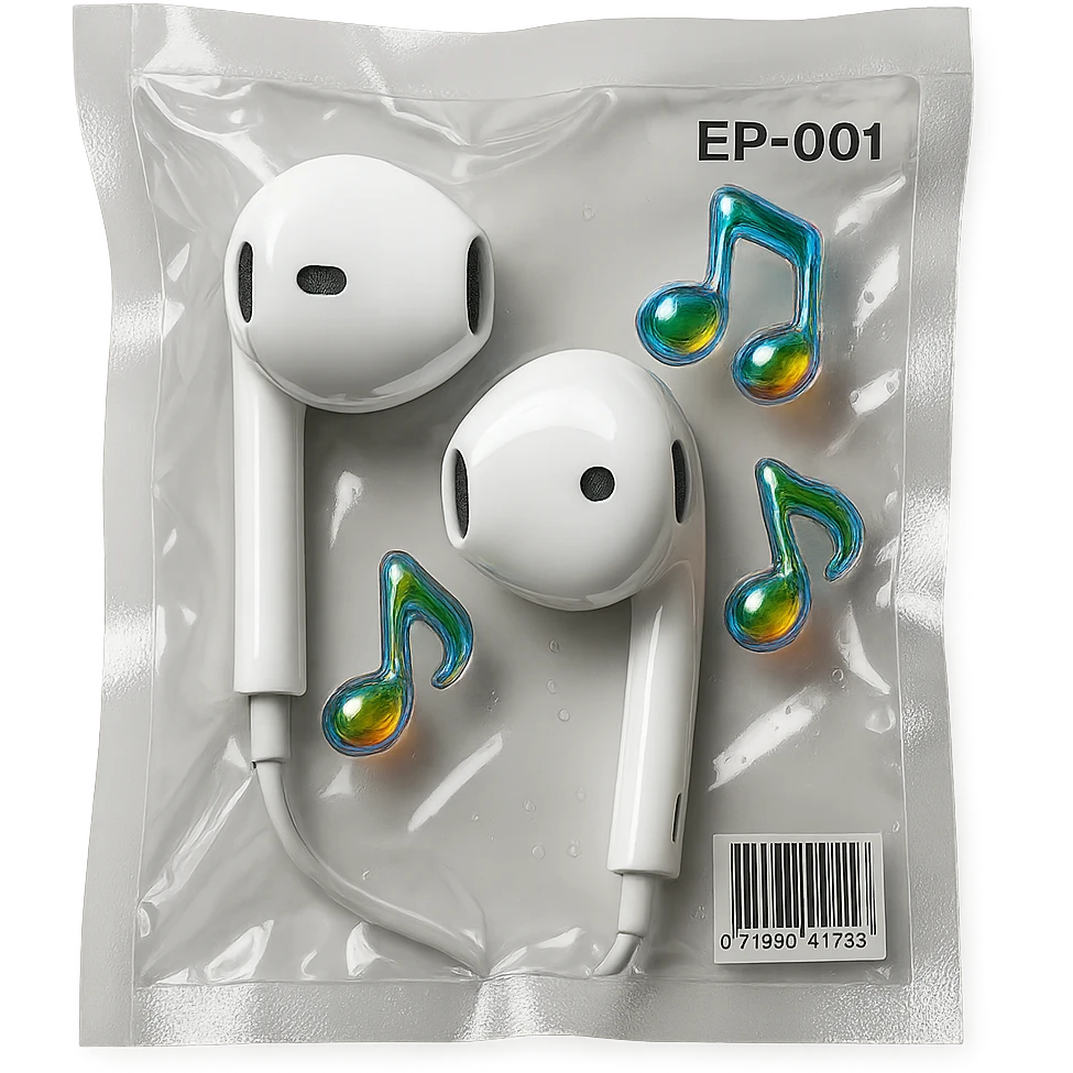 pair of white EarPods with three small rainbow glass music notes floating nearby, shiny and inflated emoji