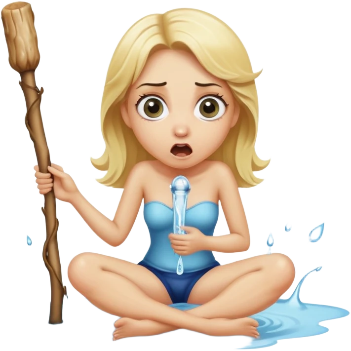 blond woman sitting on her knees with wide eyes, she's holding a thick stick with a D-shaped knob, the stick is made of skin, water squirting from the knob into her mouth, shocked face emoji