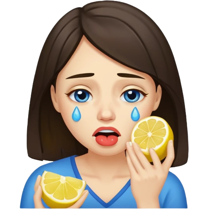 woman crying eating lemon. make tears blue color and brunette emoji