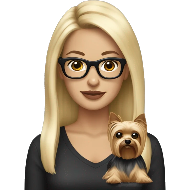 Beautiful white woman, long blonde hair and black glasses holding Yorkshire terrier emoji