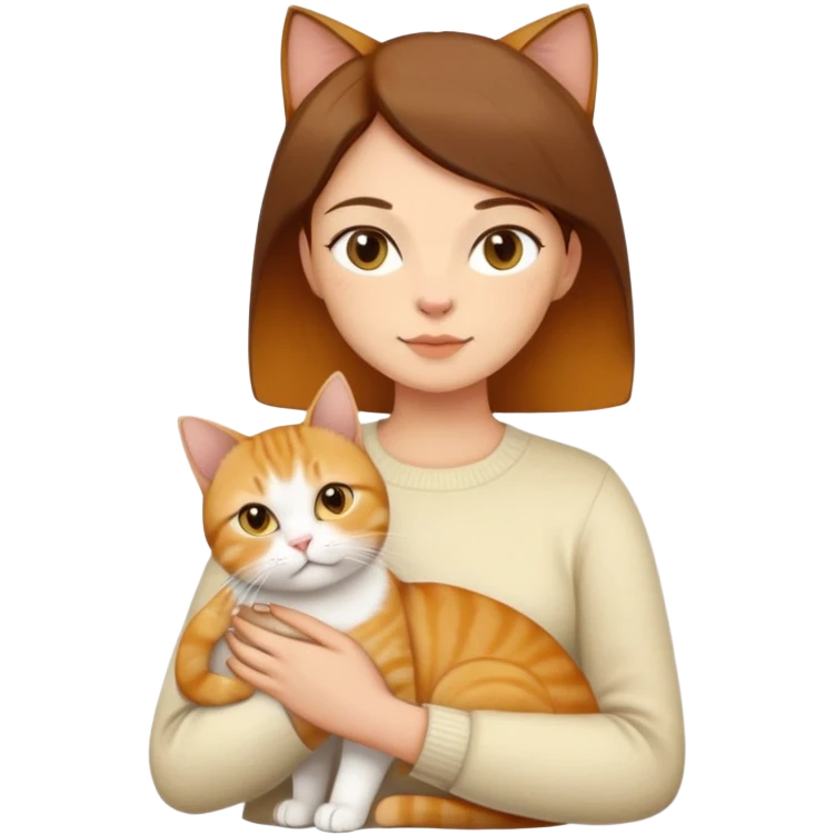 Straight short hair ear length in dark brown , skin tone honey . holding 3 cats - 1 ginger cat , 1yellow white cat , 1 cream color cat British short hair same size  emoji