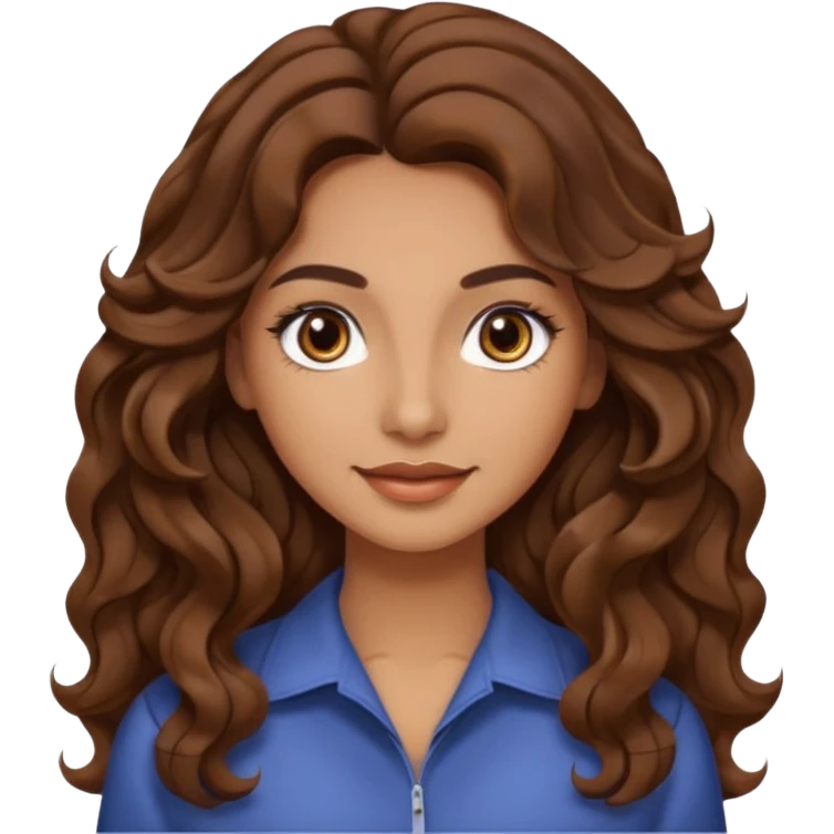 She has long, brown hair styled in soft wavy curls with a middle part. She has well-shaped eyebrows and dark brown eyes. She is wearing light makeup that highlights her natural beauty and is offering a slight smile to the camera.  emoji