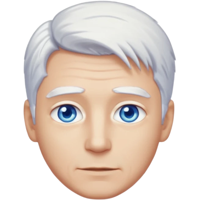 Sure! Here’s the English version of your description: 	•	Hair: White with a silvery tint, short and slightly messy, giving him a distinctive and striking appearance. 	•	Eyes: He has bright blue eyes that seem to sparkle, almost glowing emoji