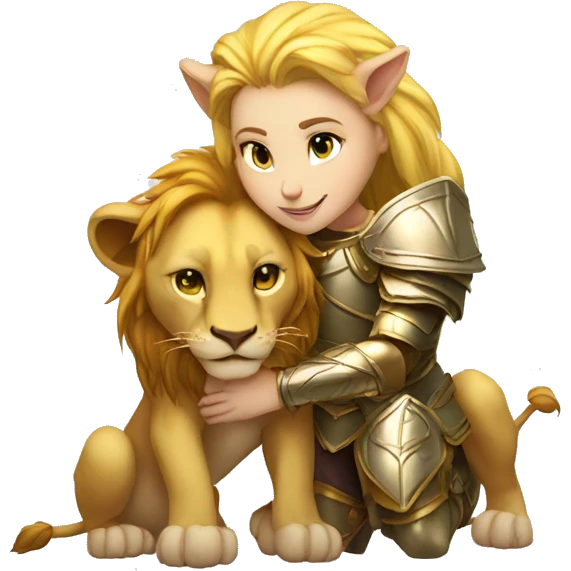 A lion leonin with golden armor hugging a female blonde elf  emoji